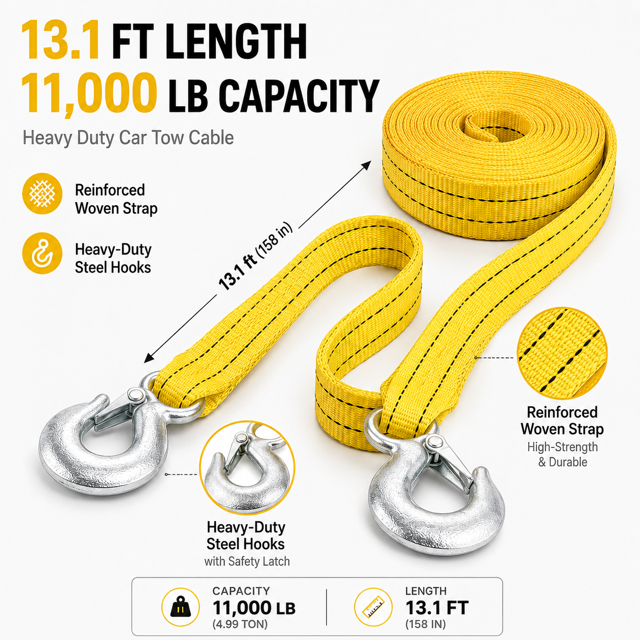 Heavy Duty Car Tow Strap with Safety Hooks
